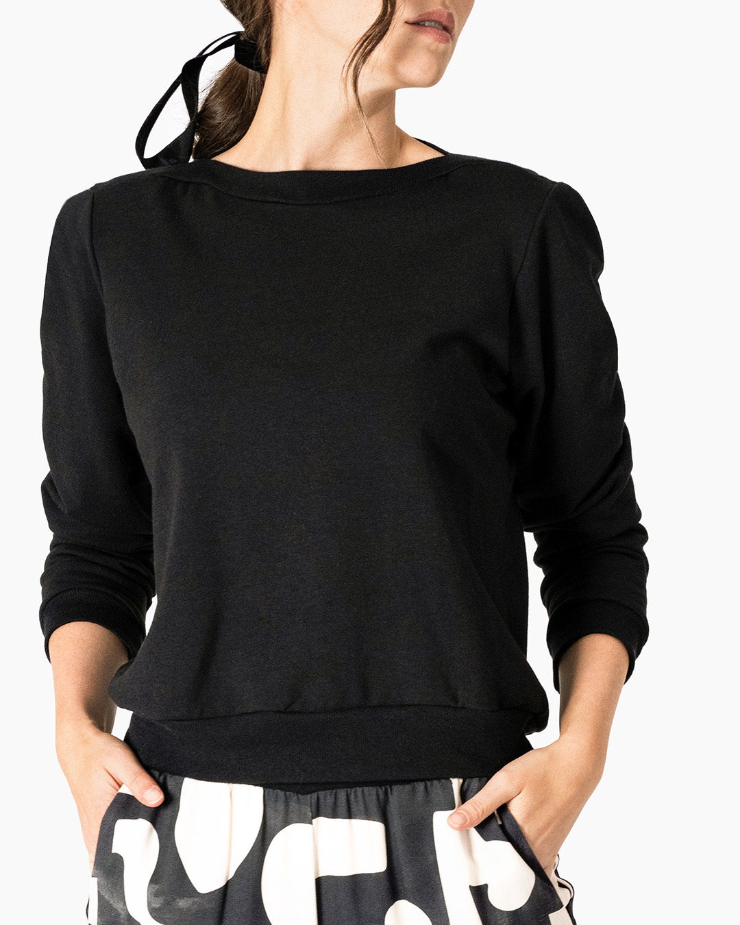 Women's Puff Sleeve Sweatshirt | Black | Boatneck | Long Sleeve | Soft Cotton Bamboo