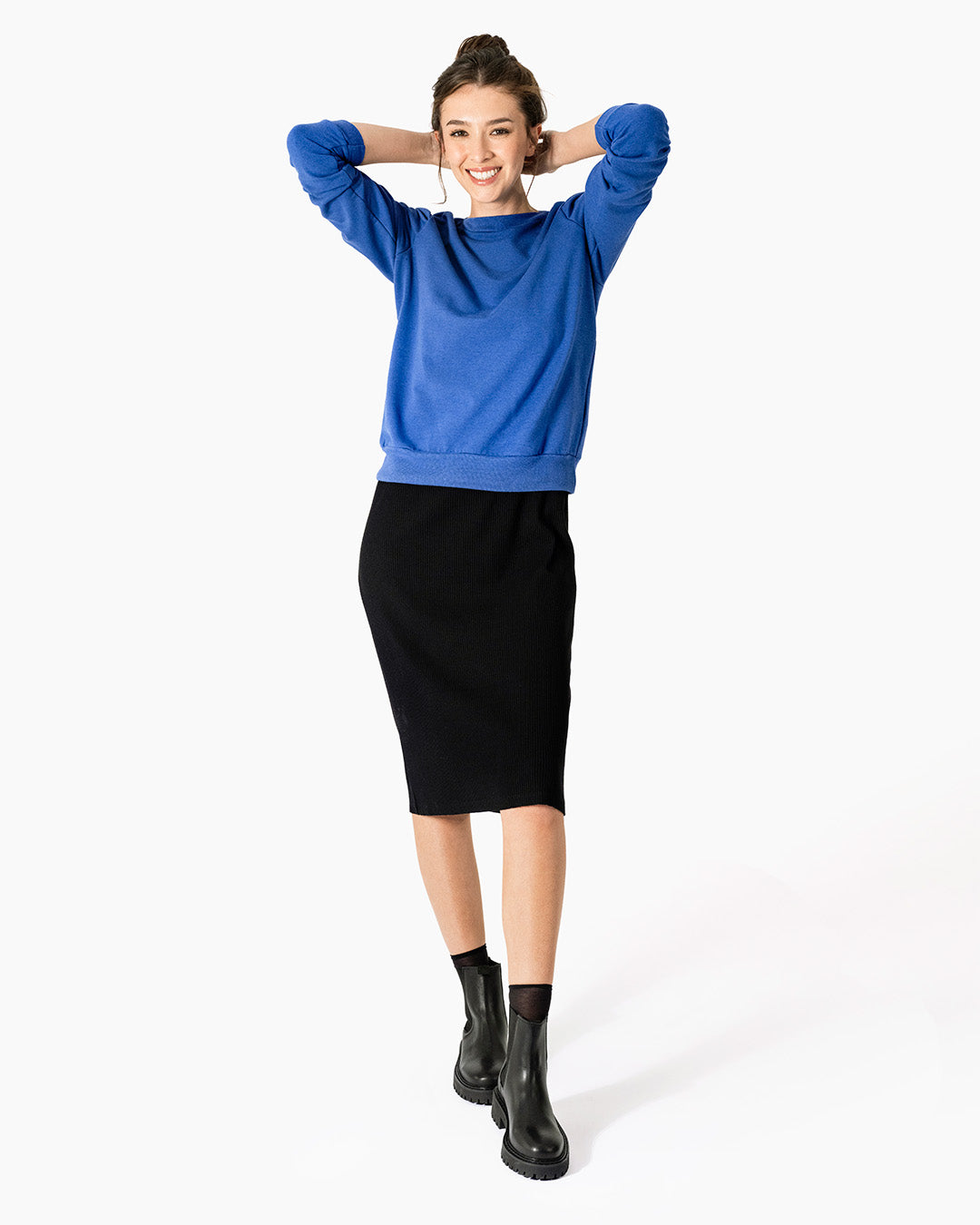 Women's Puff Sleeve Sweatshirt | Blue | Boatneck | Long Sleeve | Soft Cotton Bamboo
