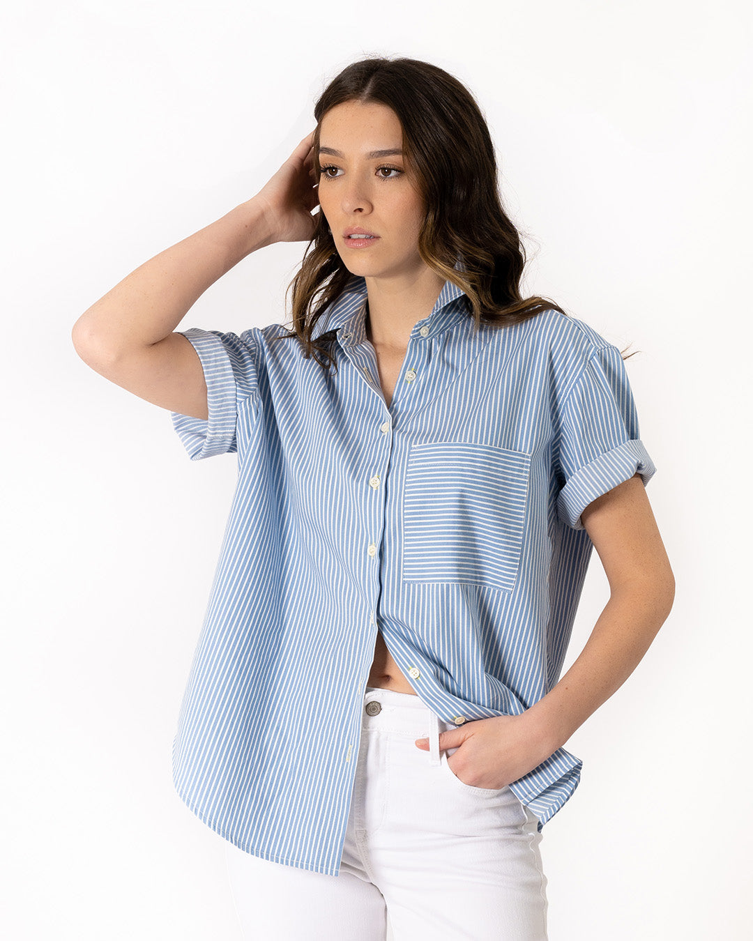 Striped Blue and White Shirt | Womens | Short Sleeves | Button Front L Striped Blue and White Shirt | Womens | Short Sleeves | Button Front L