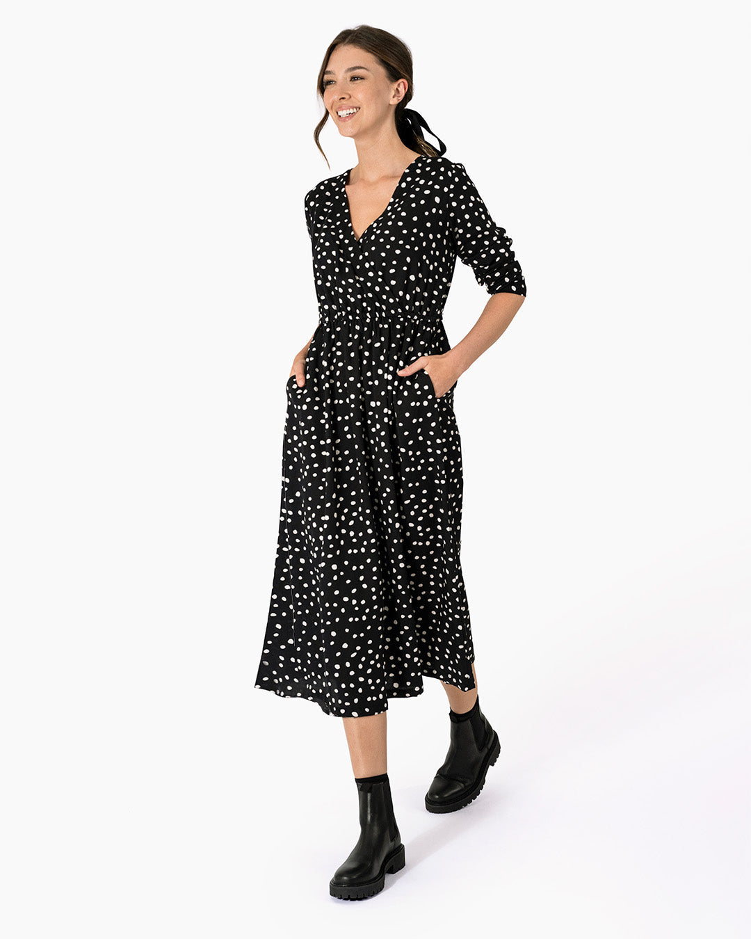 Womens polka dot midi dress | Black and White | Wrap Style
