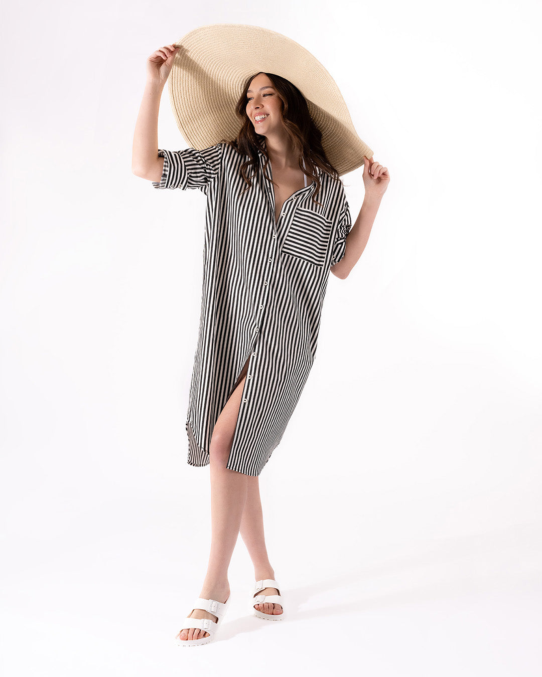 Black and White Stripe Shirtdress | Women's Stripe Long Sleeve Shirtdress L Black and White Stripe Shirtdress | Women's Stripe Long Sleeve Shirtdress L