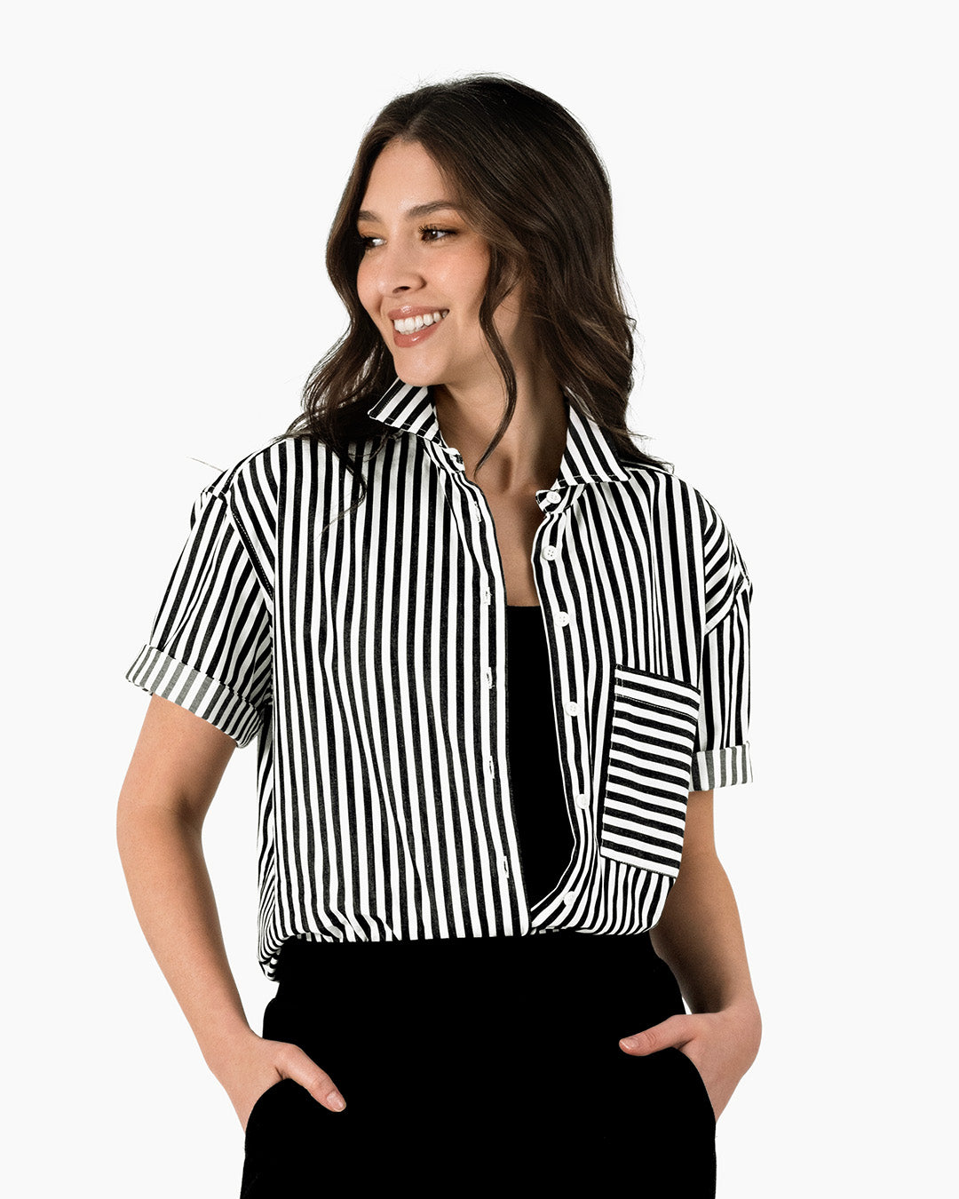 black and white striped dress shirt women's Striped Black and White Shirt | Womens | Short Sleeves