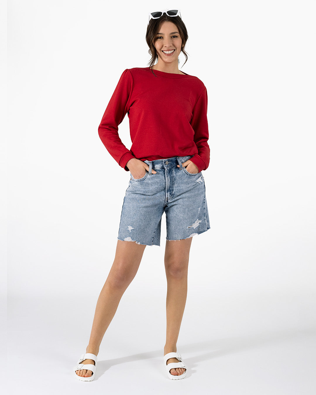 Women's Puff Sleeve Sweatshirt | Red | Boatneck | Long Sleeve | Soft Cotton Bamboo