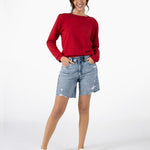 Women's Puff Sleeve Sweatshirt | Red | Boatneck | Long Sleeve | Soft Cotton Bamboo