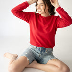 Women's Puff Sleeve Sweatshirt | Red | Boatneck | Long Sleeve | Soft Cotton Bamboo