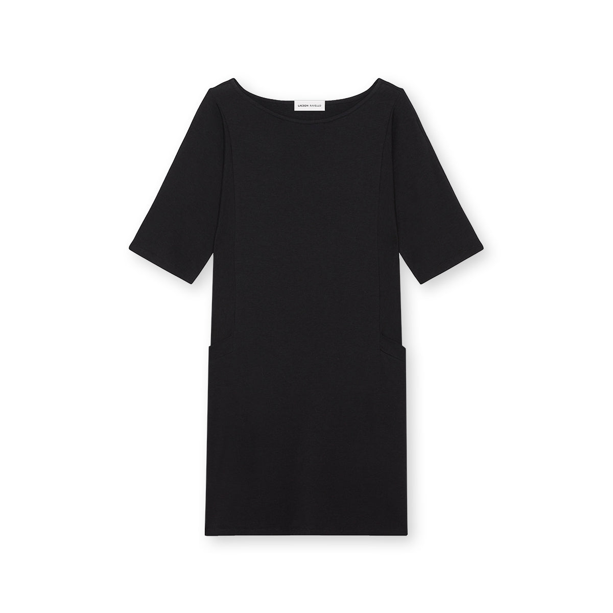 loose-fitting t-shirt dress, bateau neckline, elbow-length sleeves, and banded pockets - lacson ravello