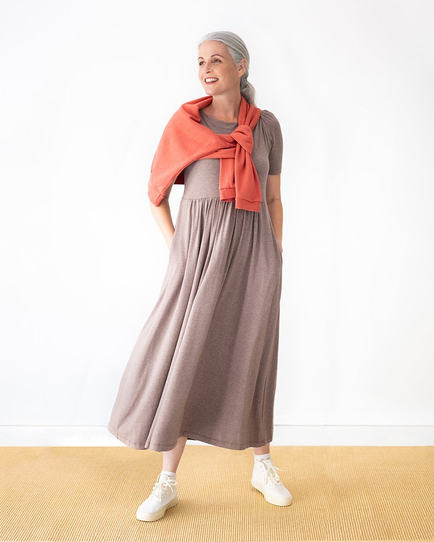 Women's Midi-length Knit Dress - Brown Heather - Boatneck | Elbow Sleeve | Bamboo Cotton Knit Jersey | Soft | Comfortable | Sustainable M Women's Midi-length Knit Dress - Brown Heather - Boatneck | Elbow Sleeve | Bamboo Cotton Knit Jersey | Soft | Comfortable | Sustainable M