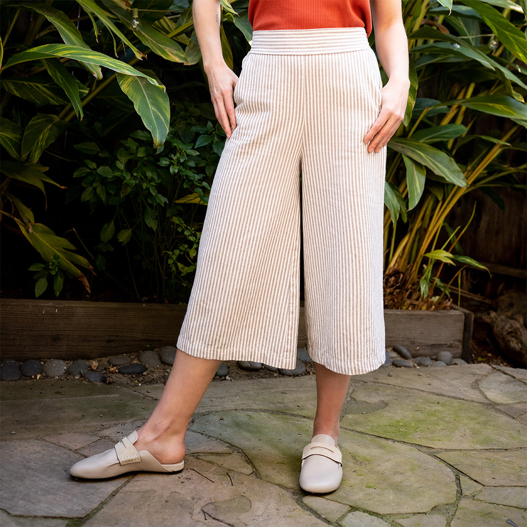 Stripe Culottes for | | Leg | – - Soft | Wide Hemp Cotton High Lacson Waist Comfortable Flat | | Waist Elastic | Front Women Organic Pockets Ravello