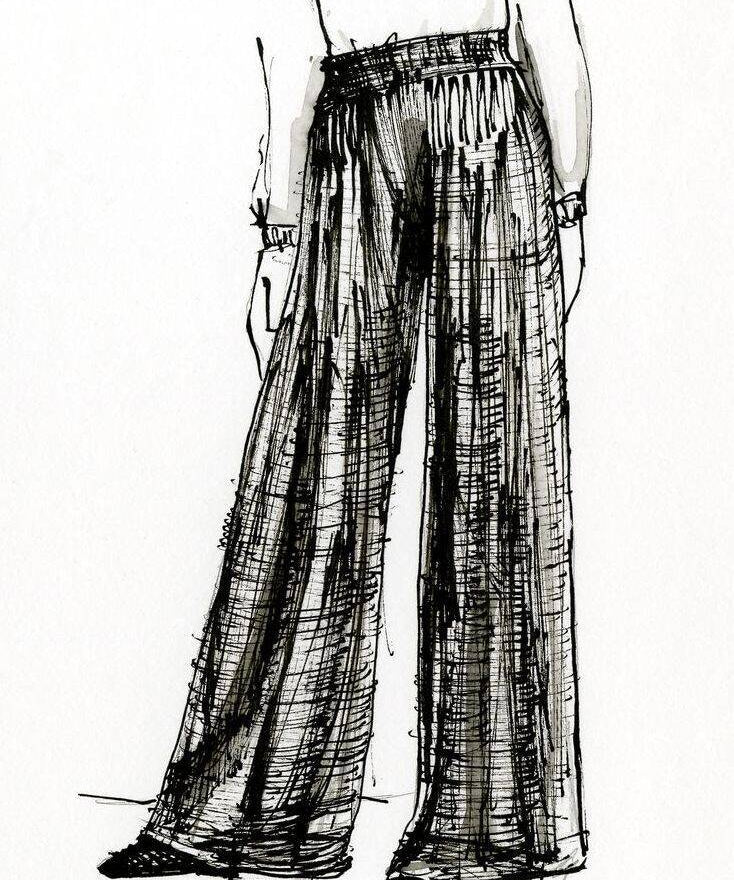 Fashion illustration of palazzo trousers with a wide, flowing leg. Palazzo trousers (illustration), 2014. Credit: David Ring / Europeana Fashion (CC0, via Wikimedia Commons).