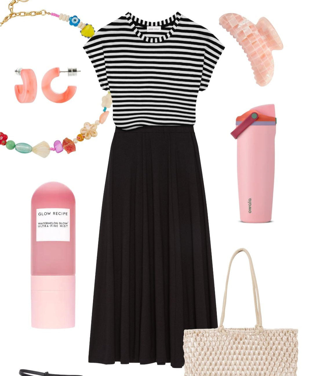 Warm-weather work outfit mood board featuring the Lilou striped tee and Kaera black midi skirt