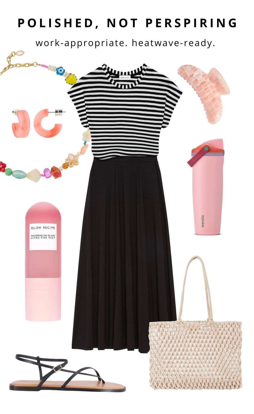 Warm-weather work outfit mood board featuring the Lilou striped tee and Kaera black midi skirt