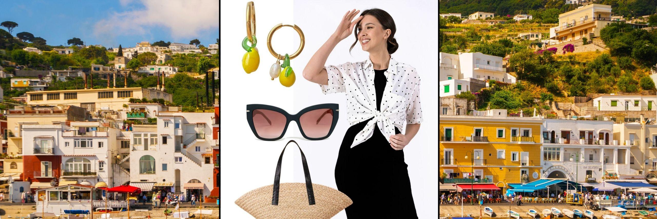 Italian coastal collage with lemon earrings, sunglasses, a straw tote, and a model wearing the Bernadette Flocked Dot Camp Shirt
