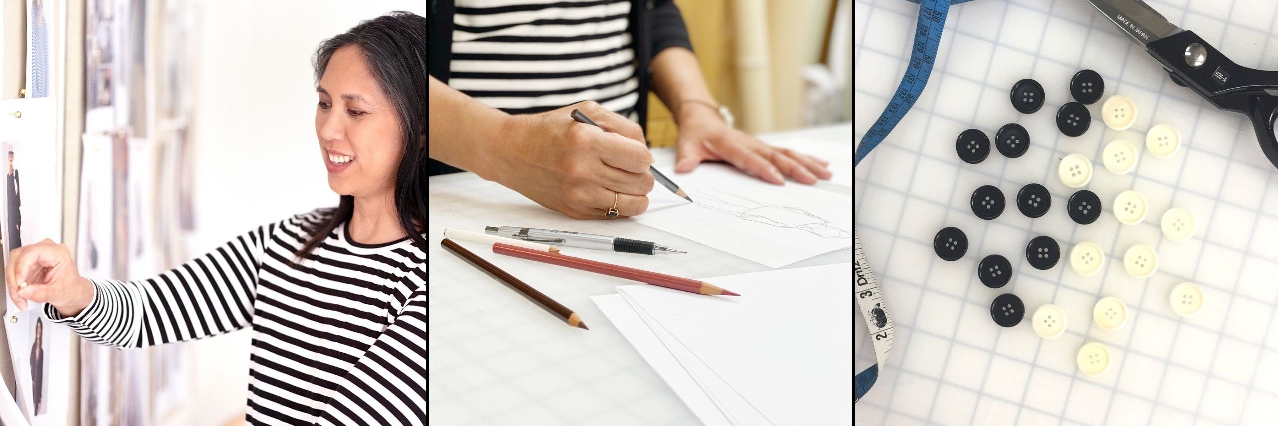 Lacson Ravello design process — fabric layout, sewing pattern pieces, and tailor's shears; small-batch women's clothing cut and sewn in Oakland