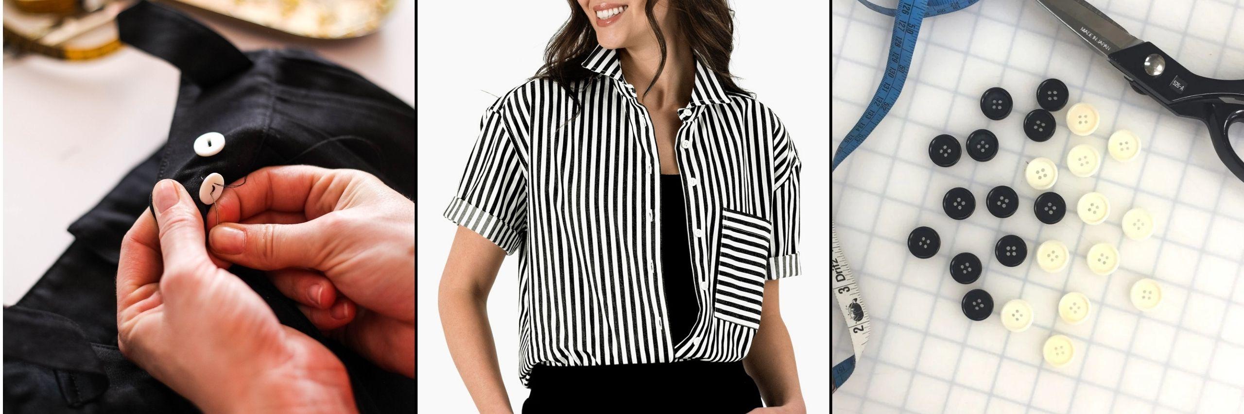 Hands sewing a corozo button, a model in the striped Bernadette Camp Shirt, and black and ivory corozo buttons