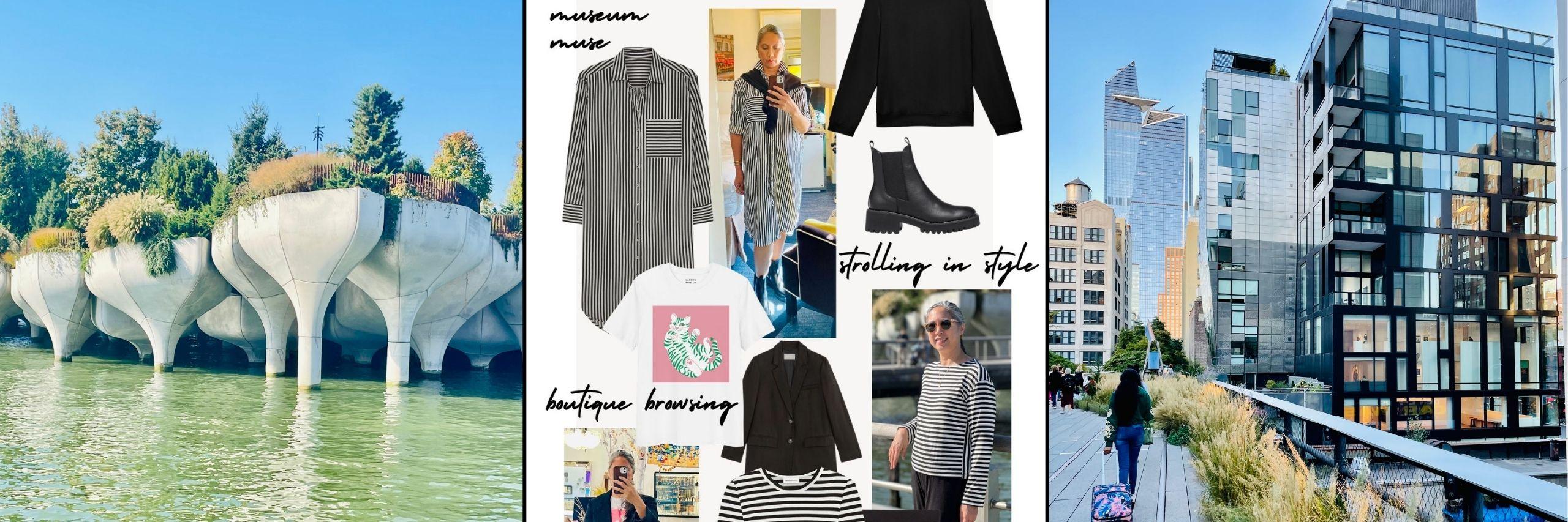 Little Island park in NYC | New York travel capsule mood board with striped shirtdress, black sweatshirt, ankle boots, and city photos | The High Line in Manhattan