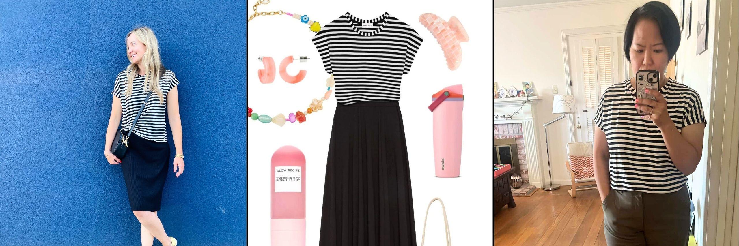 Three warm-weather outfit views featuring the Lilou striped tee and Kaera black midi skirt | Lacson Ravello