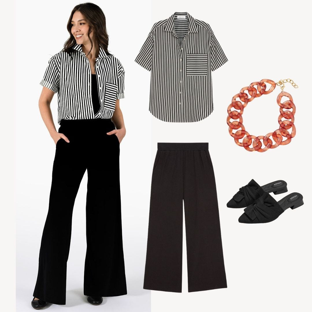 Woman wearing Bernadette black and white striped shirt with wide-leg pants and loafers - professional office outfit - Day 1 On the Clock style