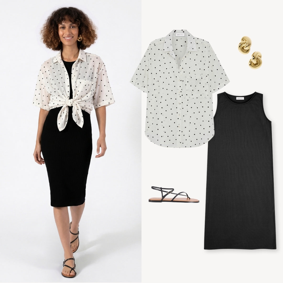 Bernadette Dot Shirt styled for lunch – versatile flocked dot button-front shirt, sustainably made in Oakland CA