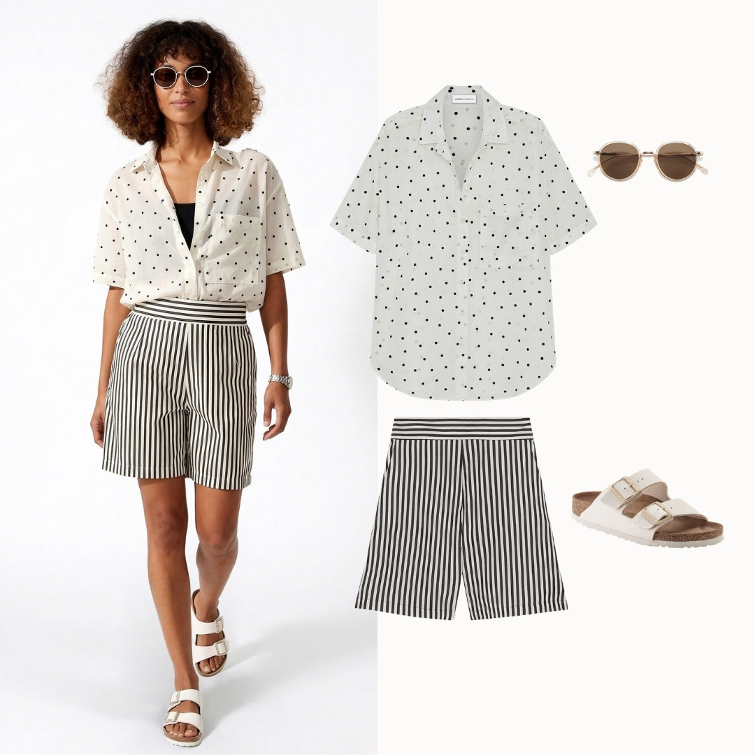 Bernadette Dot Shirt in casual weekend outfit – sustainable cotton camp shirt by Lacson Ravello, made in USA