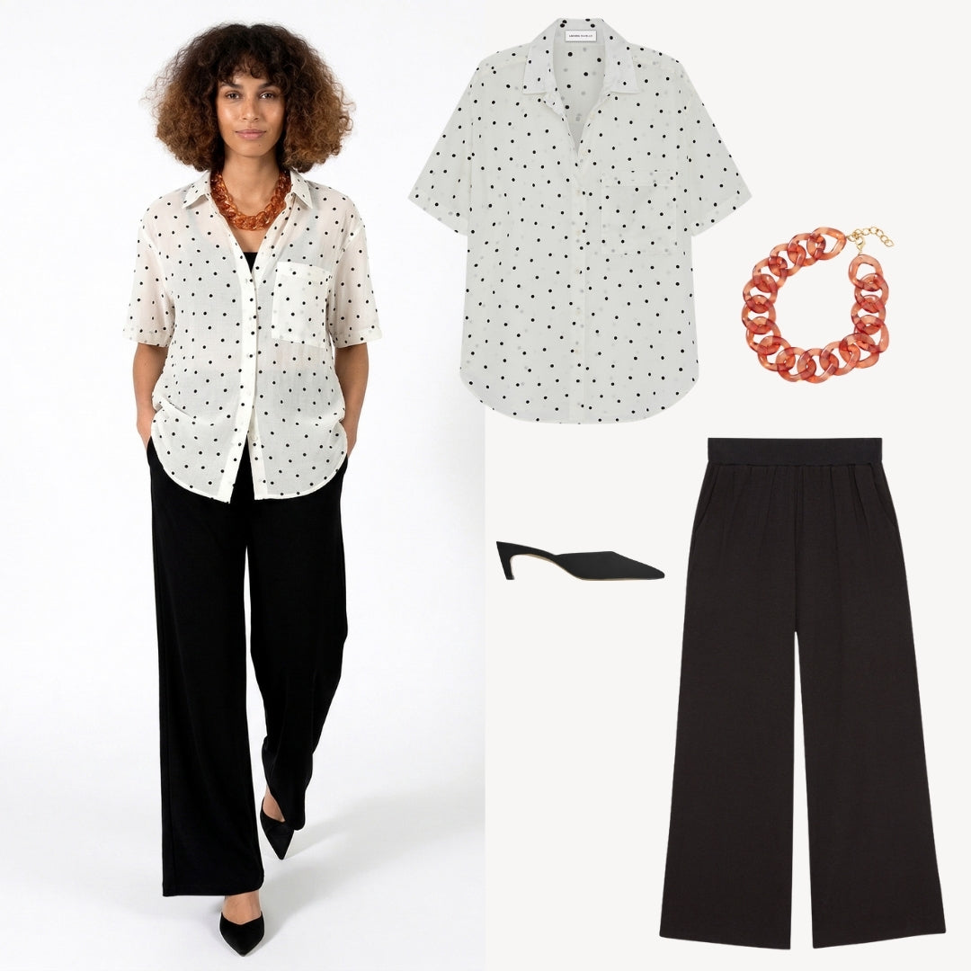Bernadette Dot Shirt styled for work – women's flocked dot camp shirt by Lacson Ravello, made in Oakland CA