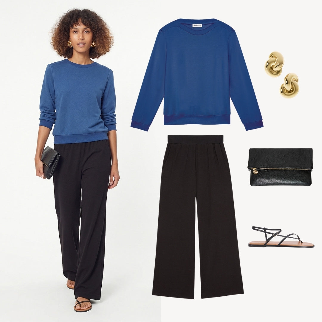 Cora Sweatshirt in blue styled for a going out – versatile bamboo cotton fleece crewneck, sustainably made in Oakland CA