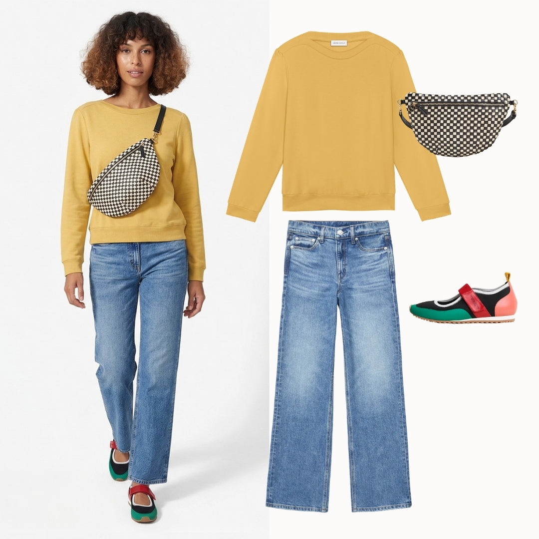 Cora Sweatshirt in yellow styled for a casual weekend outfit – sustainable puff sleeve bateau neck sweatshirt by Lacson Ravello, made in USA