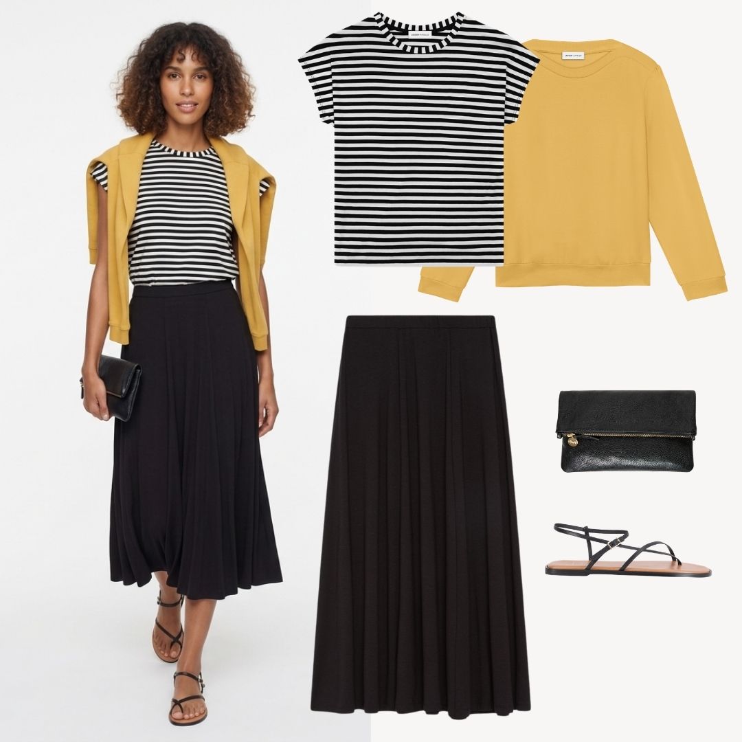 Lilou Stripe Tee styled for a lunch date– versatile bamboo cotton cap sleeve tee, sustainably made in Oakland CA