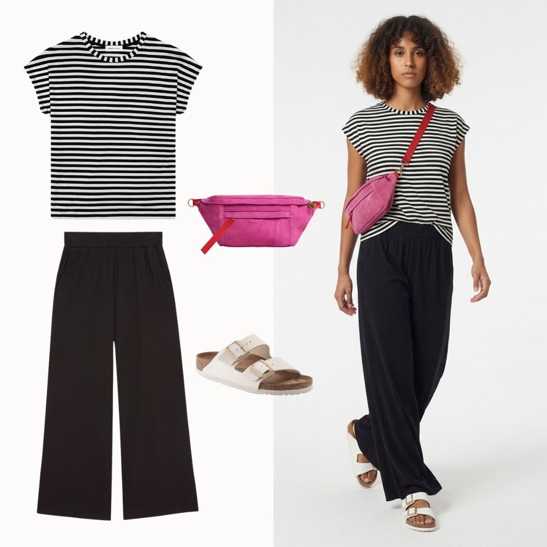Lilou Cap Sleeve Stripe Tee in casual weekend outfit – bamboo cotton women's tee by Lacson Ravello