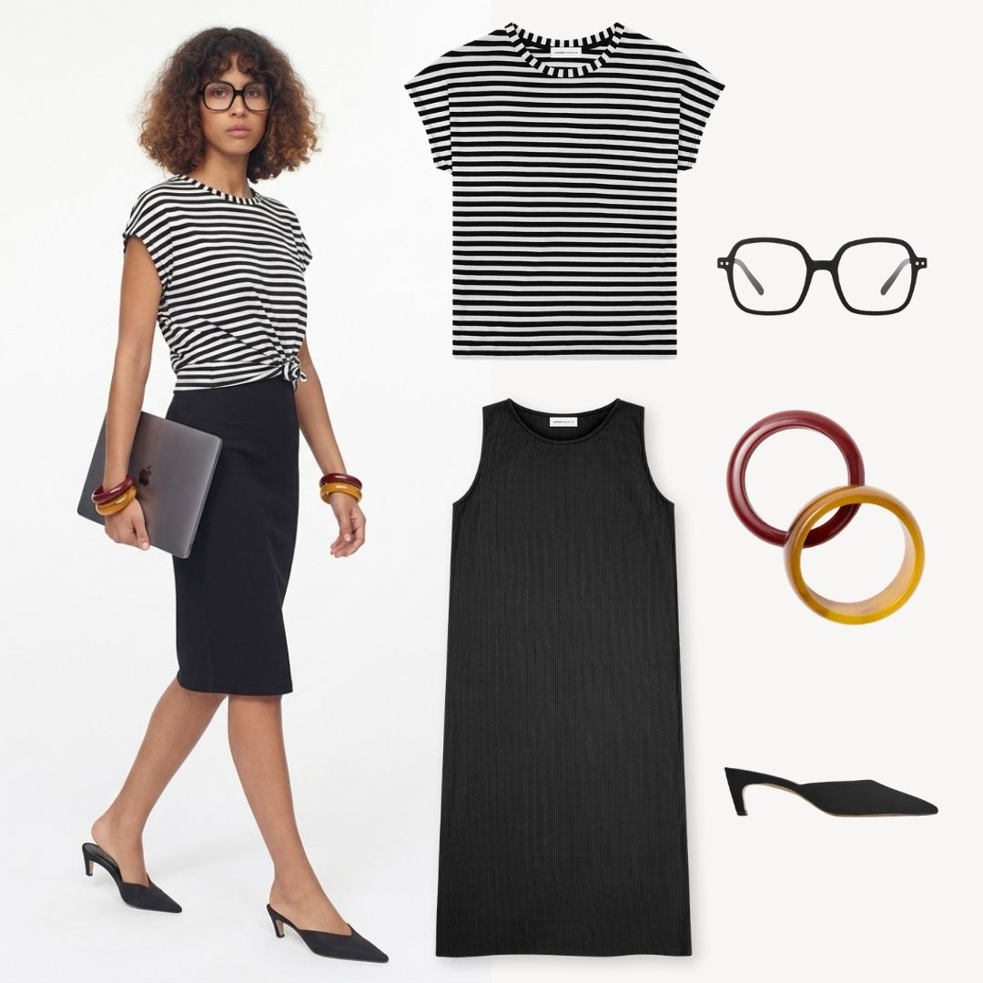 Lilou Stripe Tee styled for work over a rib tank dress – sustainable women's top by Lacson Ravello, made in USA