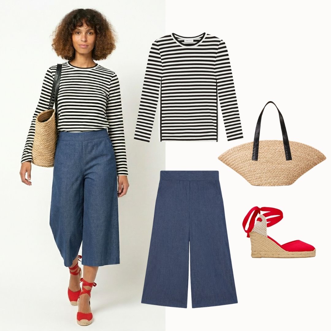 Marinière Stripe Tee in casual weekend outfit – sustainable black and white stripe tee by Lacson Ravello, made in USA