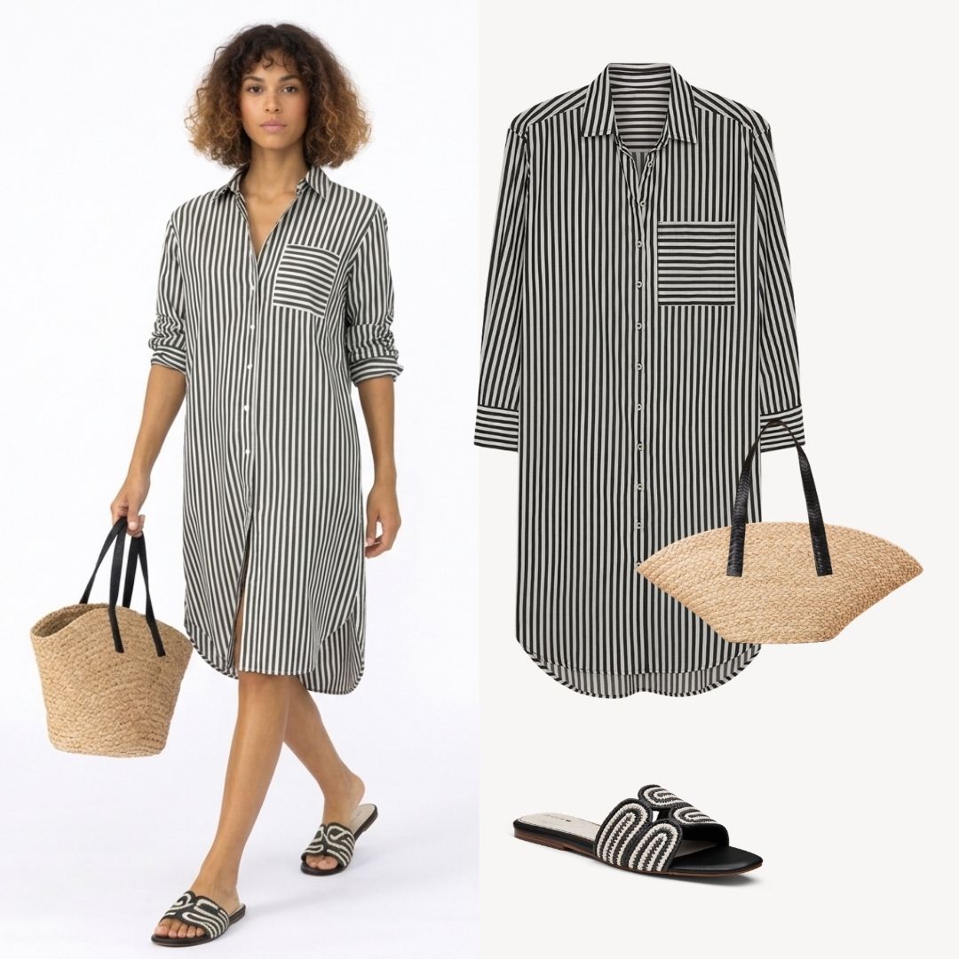 Sofia Shirtdress going out outfit - elevated shirtdress with tote bag and slides - sustainable and versatile women's wear by Lacson Ravello
