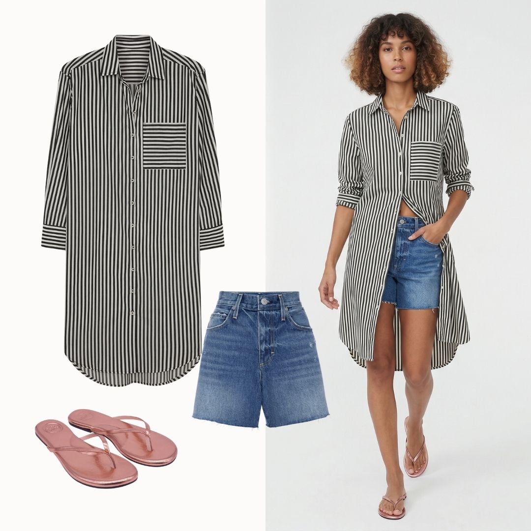 Sofia Shirtdress casual weekend outfit - shirtdress with denim shorts and flip flops - sustainable casual wear by Lacson Ravello