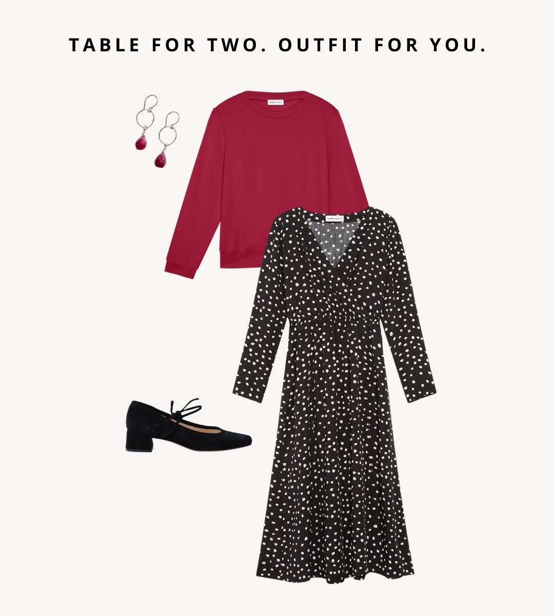 Valentine’s Day dinner date outfit with red sweatshirt layered over a dot dress, earrings and heeled ballet flats