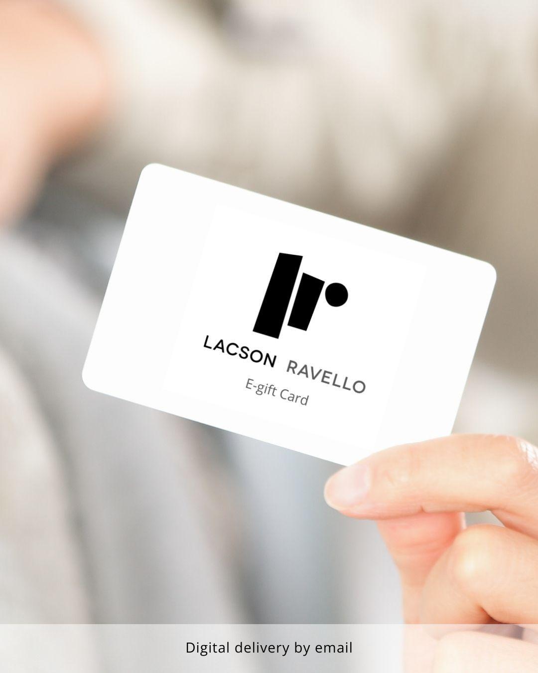 Promotional image of a hand holding a white Lacson Ravello digital gift card