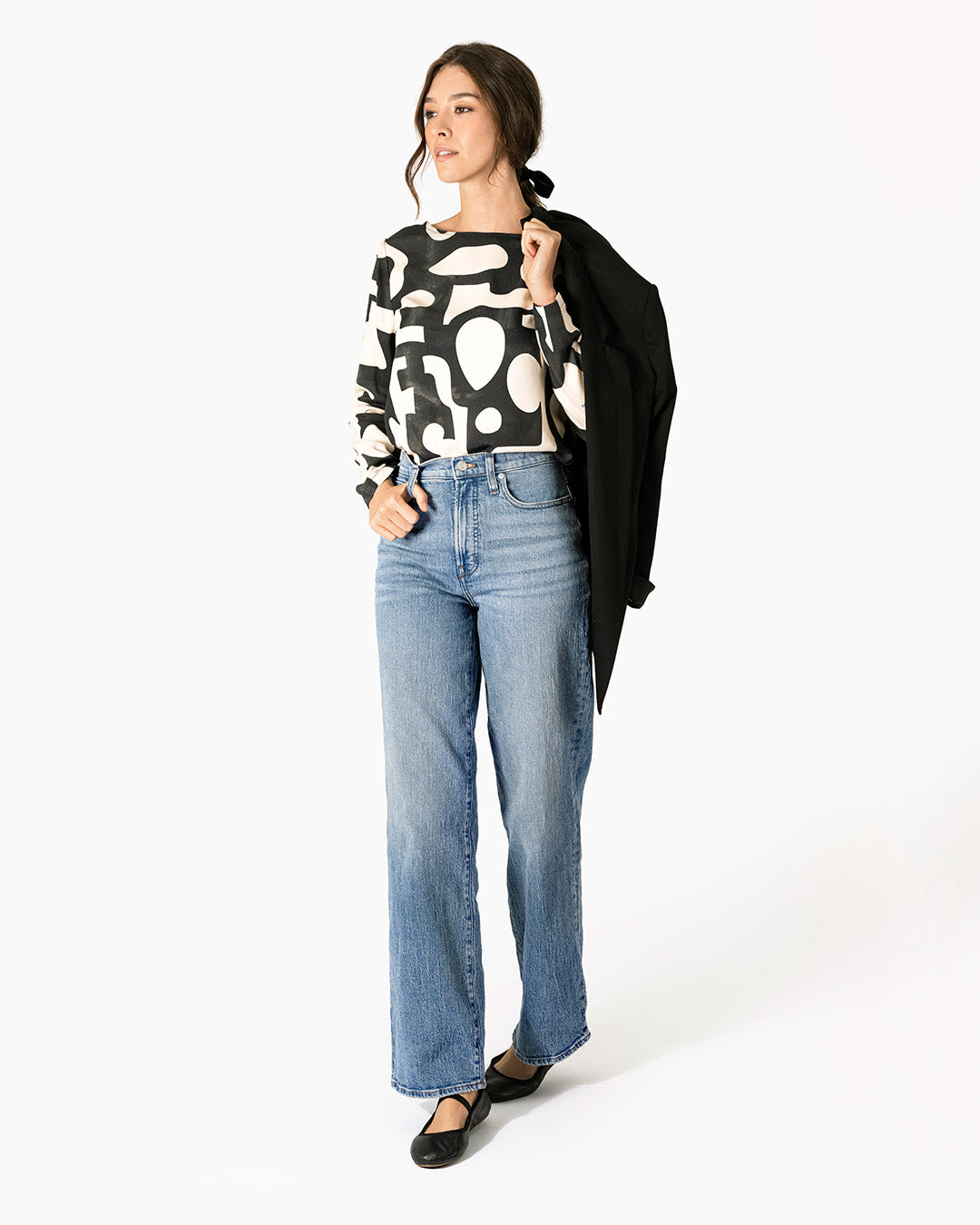 Black and White Pattern Blouse | Graphic Print | Boatneck | Longsleeves