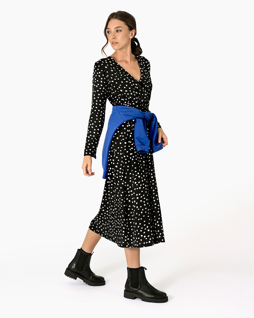 Womens Polka Dot Midi Dress | Black and White | Wrap Style | Long Sleeves XL Womens Polka Dot Midi Dress | Black and White | Wrap Style | Long Sleeves XL