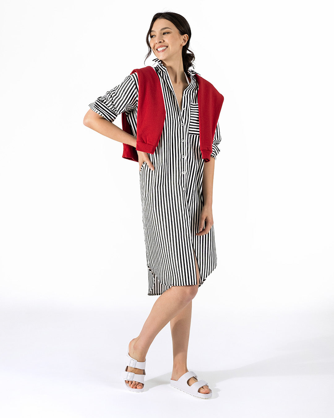Women's Stripe Long Sleeve Shirtdress | Black with White Stripe Shirtdress | Lacson Ravello