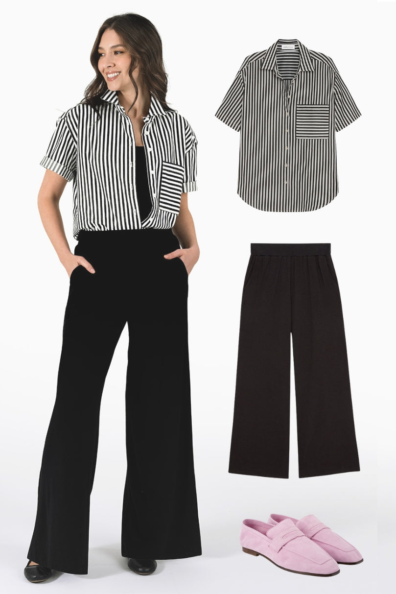 Model wearing black Vivian wide-leg pants with a striped button-front camp shirt  | Palazzo Pant for Women | Comfortable Wide Leg Pants | Black Knit | Lacson Ravello