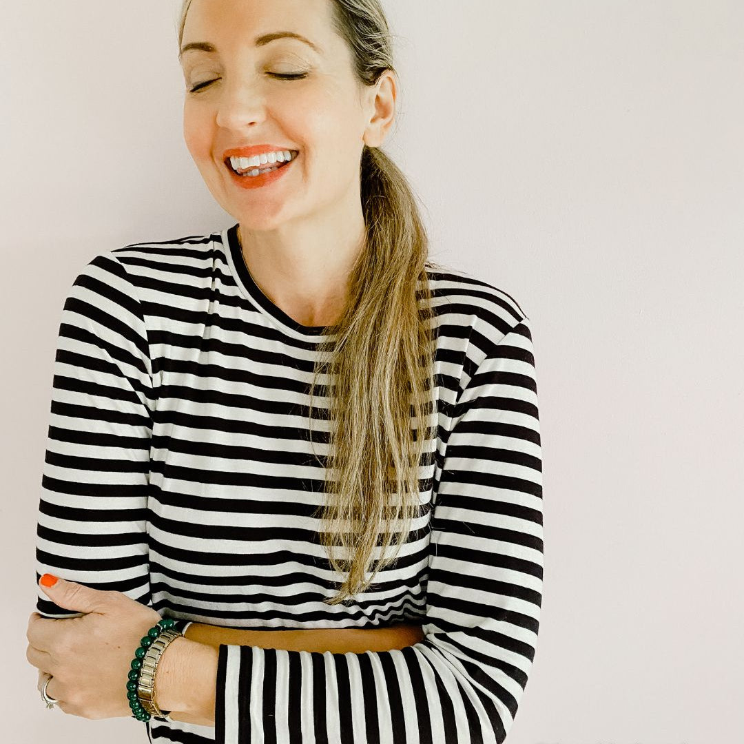 Striped Black and White Shirt Womens | Women's Striped Tee | Long Sleeve Tee | Crewneck | Made in USA Clothing | Oakland, San Francisco Bay Area, California