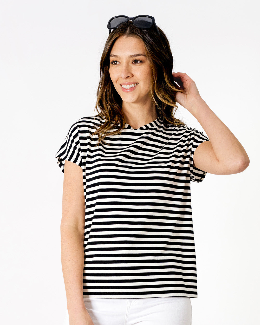 Women's Black and White Striped T-Shirt | Cap Sleeve Tee | Crewneck 