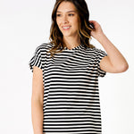 Women's Black and White Striped T-Shirt | Cap Sleeve Tee | Crewneck 