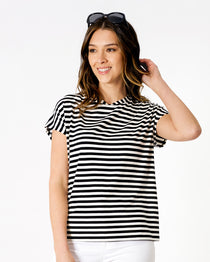 Women's Black and White Striped T-Shirt | Cap Sleeve Tee | Crewneck 