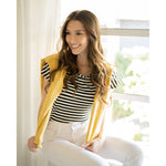 Women's Black and White Striped T-Shirt | Cap Sleeve Tee | Crewneck 