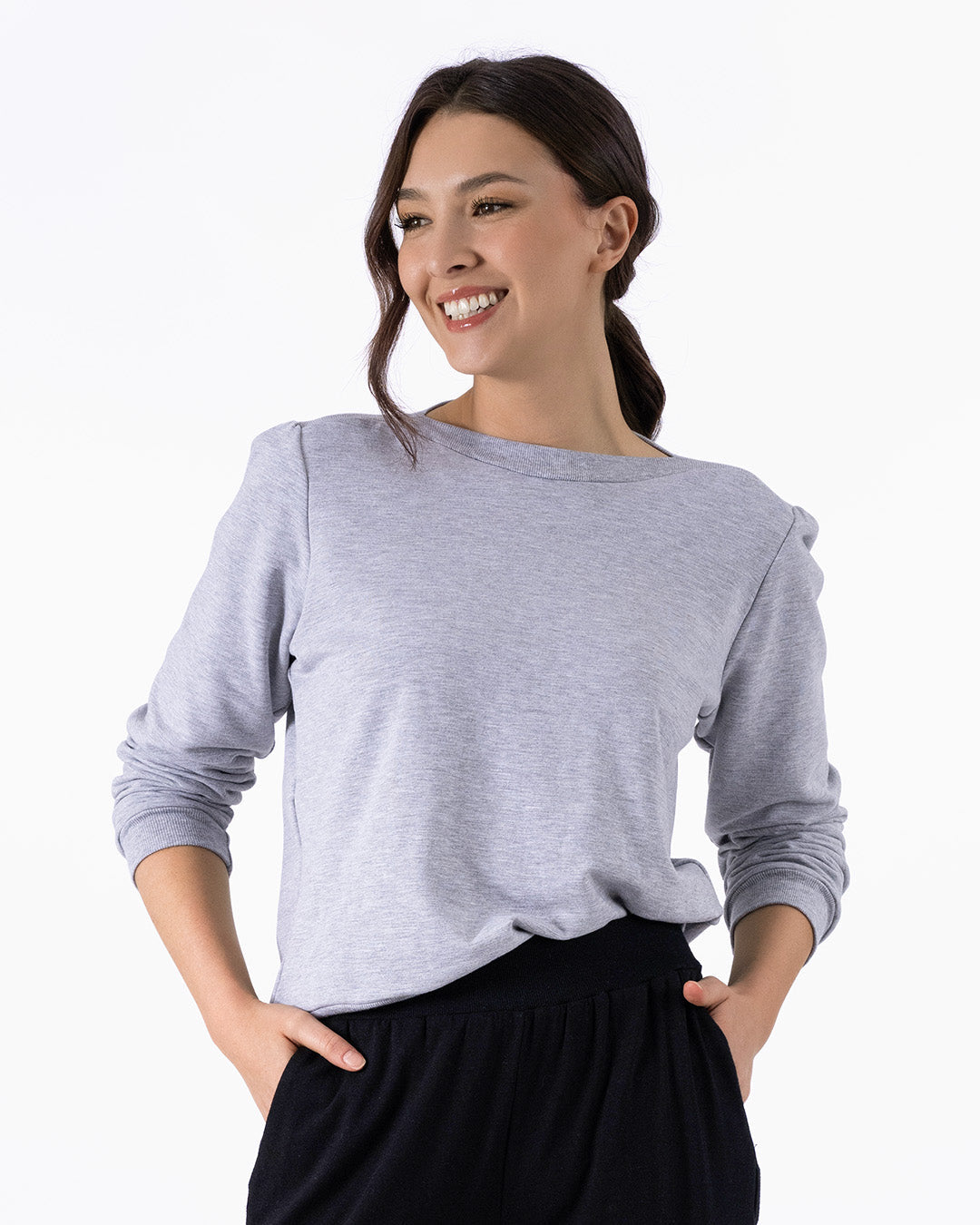 Women's Puff Sleeve Sweatshirt | Heather Gray | Boatneck | Long Sleeve | Soft Cotton Bamboo
