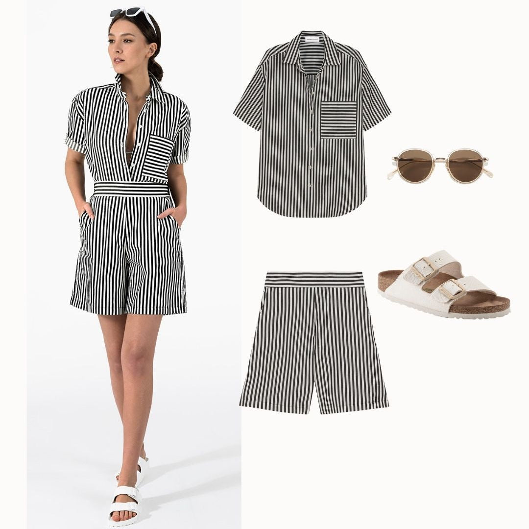 Black and white striped camp shirt paired with striped bermuda shorts and slides - relaxed sophisticated outfit - Day 1 Off Duty style - Lacson Ravello