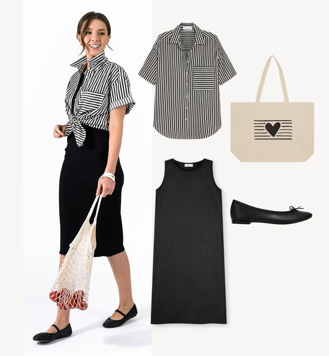 Bernadette stripe shirt styled with midi dress and flats - relaxed sophisticated outfit - Day 1 Long Lunch style - Lacson Ravello

