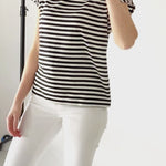 Women's Black and White Striped T-Shirt | Cap Sleeve Tee | Crewneck 