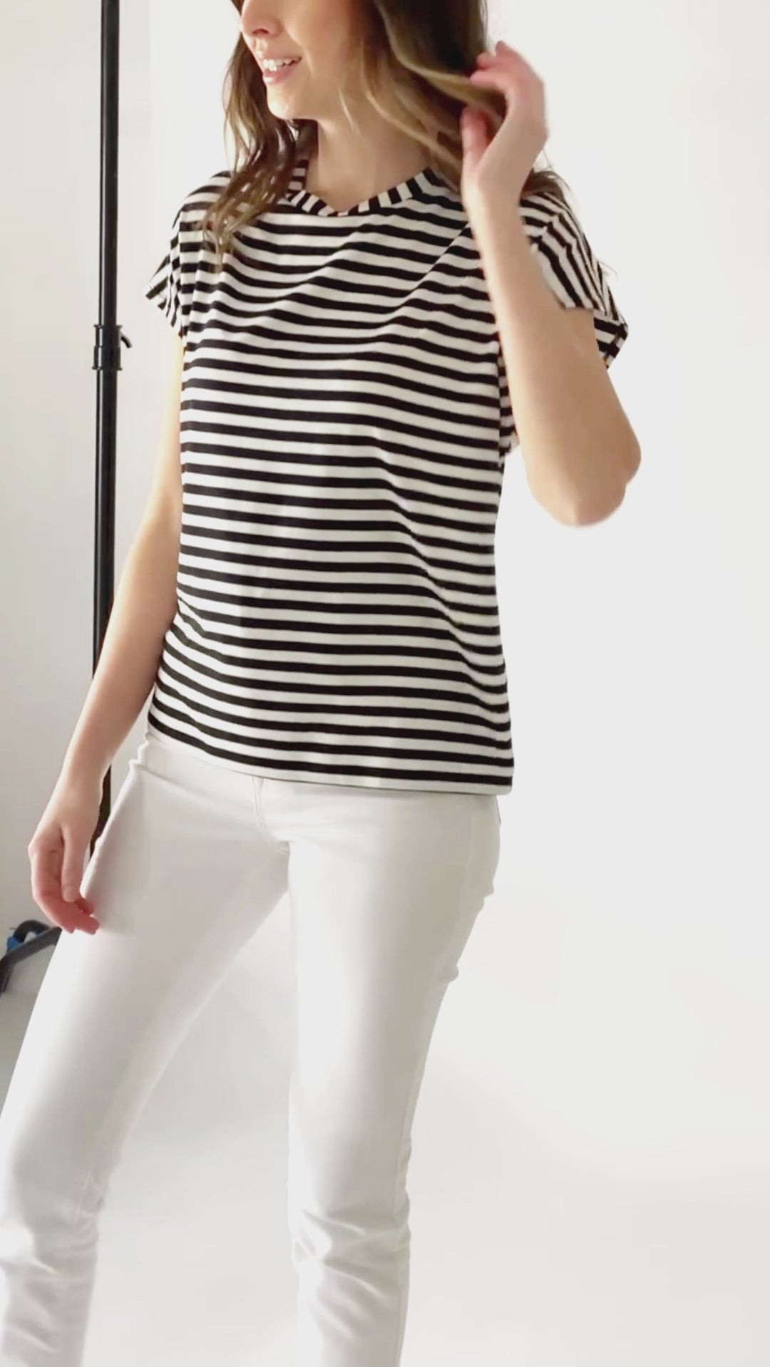Women's Black and White Striped T-Shirt | Cap Sleeve Tee | Crewneck 