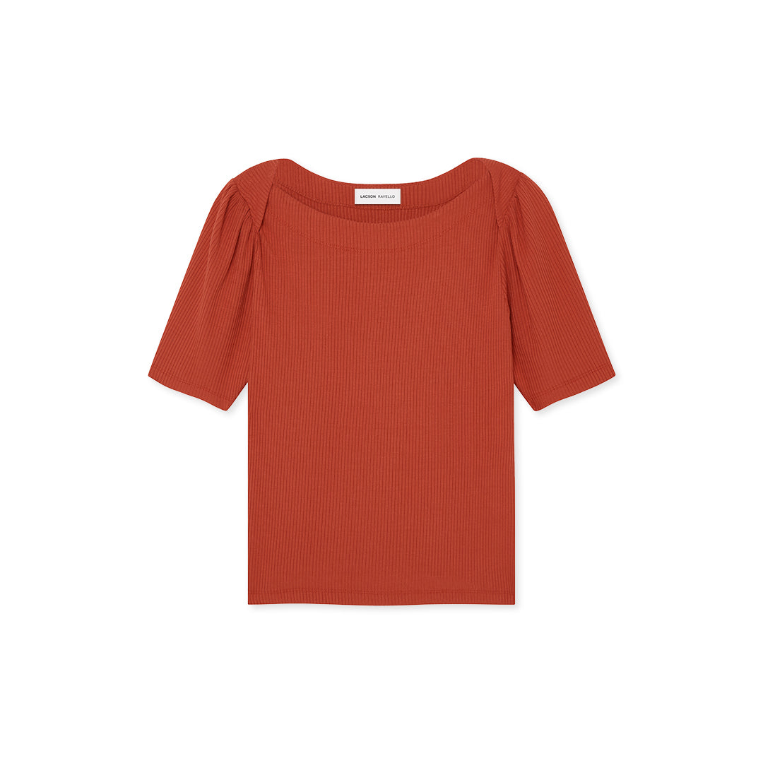 top, slightly puffed shoulders, envelope neckline, textured dot knit, slight stretch - lacson ravello 