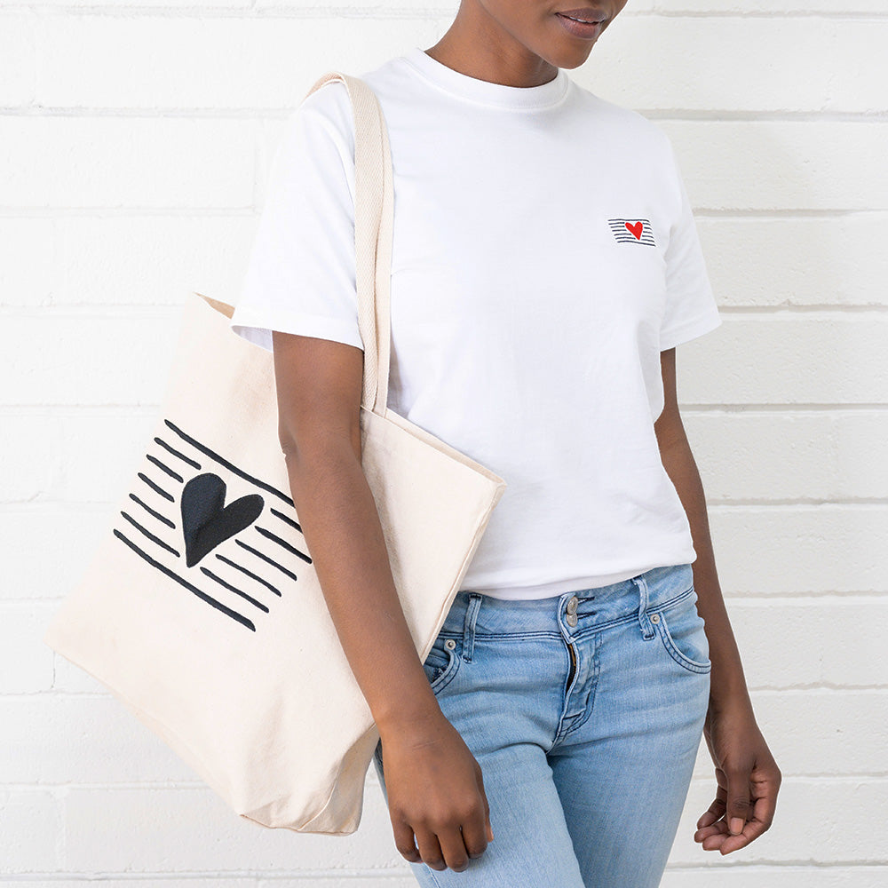 large size, tote bag, cotton web handles, heart and stripe embroidered - lacson ravello